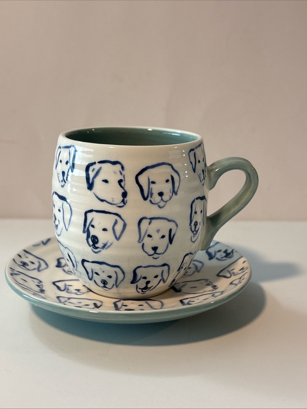 NEW Anthropologie Leah Reena Goren Espresso Cup Saucer Set Dog Animal Lover NIB